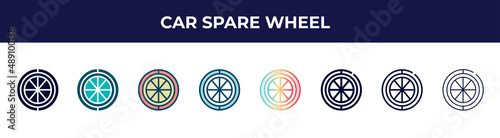 car spare wheel icon in 8 styles. line, filled, glyph, thin outline, colorful, stroke and gradient styles, car spare wheel vector sign. symbol, logo illustration. different style icons set.
