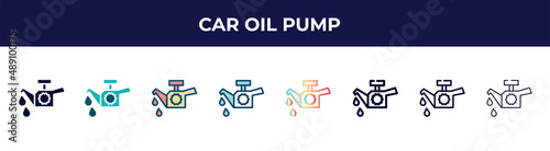 car oil pump icon in 8 styles. line, filled, glyph, thin outline, colorful, stroke and gradient styles, car oil pump vector sign. symbol, logo illustration. different style icons set.