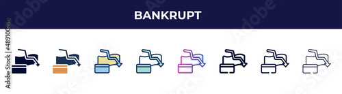 bankrupt icon in 8 styles. line, filled, glyph, thin outline, colorful, stroke and gradient styles, bankrupt vector sign. symbol, logo illustration. different style icons set.