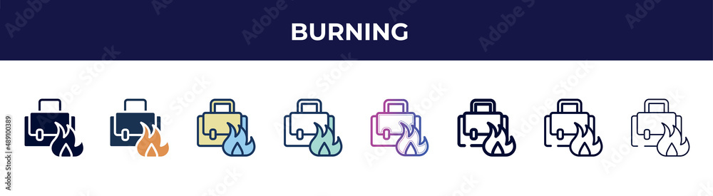 burning icon in 8 styles. line, filled, glyph, thin outline, colorful, stroke and gradient styles, burning vector sign. symbol, logo illustration. different style icons set.