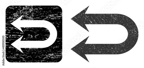 Vector double left arrow hole pictogram. Grunge double left arrow seal stamp, done with icon and rounded square. Rounded square stamp seal have double left arrow cut out shape inside.