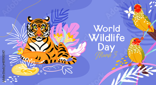 World Wildlife Day banner with tiger and finch bird with jungle plant. Purple background. Tropic wildlife. Flat style vector illustration