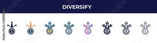 diversify icon in 8 styles. line, filled, glyph, thin outline, colorful, stroke and gradient styles, diversify vector sign. symbol, logo illustration. different style icons set.