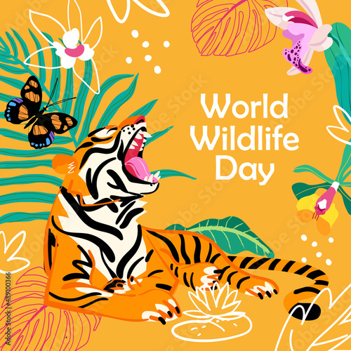 World Wildlife Day card with tiger and butterfly with jungle leaf and orchid. Orange background. Tropic wildlife. Flat style vector illustration