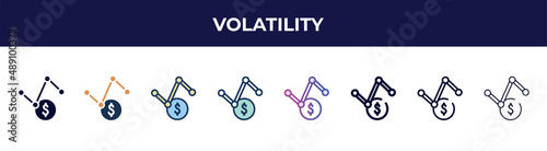 volatility icon in 8 styles. line, filled, glyph, thin outline, colorful, stroke and gradient styles, volatility vector sign. symbol, logo illustration. different style icons set.