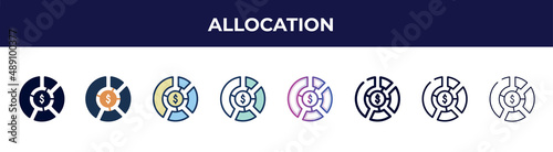 allocation icon in 8 styles. line, filled, glyph, thin outline, colorful, stroke and gradient styles, allocation vector sign. symbol, logo illustration. different style icons set.