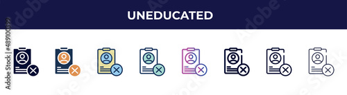 uneducated icon in 8 styles. line, filled, glyph, thin outline, colorful, stroke and gradient styles, uneducated vector sign. symbol, logo illustration. different style icons set.