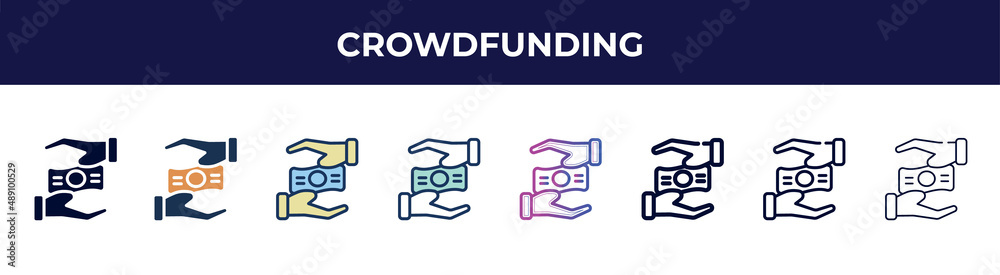 crowdfunding icon in 8 styles. line, filled, glyph, thin outline, colorful, stroke and gradient styles, crowdfunding vector sign. symbol, logo illustration. different style icons set. crowdfunding icon in 8 styles. line, filled, glyph, thin outline, colorful, stroke and gradient styles, crowdfunding vector sign. symbol, logo illustration. different style icons set.