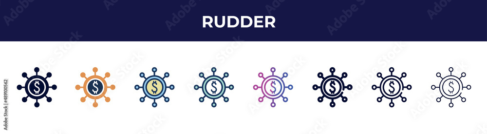 rudder icon in 8 styles. line, filled, glyph, thin outline, colorful, stroke and gradient styles, rudder vector sign. symbol, logo illustration. different style icons set. rudder icon in 8 styles. line, filled, glyph, thin outline, colorful, stroke and gradient styles, rudder vector sign. symbol, logo illustration. different style icons set.