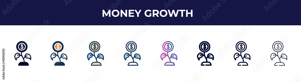 money growth icon in 8 styles. line, filled, glyph, thin outline, colorful, stroke and gradient styles, money growth vector sign. symbol, logo illustration. different style icons set. money growth icon in 8 styles. line, filled, glyph, thin outline, colorful, stroke and gradient styles, money growth vector sign. symbol, logo illustration. different style icons set.