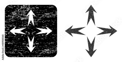 Vector expand arrows carved icon. Grunge expand arrows stamp, done with icon and rounded square. Rounded square stamp seal contain expand arrows hole inside. Vector expand arrows grunge images.