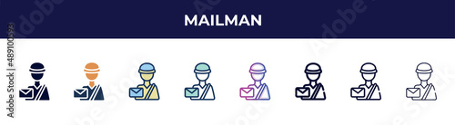 mailman icon in 8 styles. line, filled, glyph, thin outline, colorful, stroke and gradient styles, mailman vector sign. symbol, logo illustration. different style icons set.