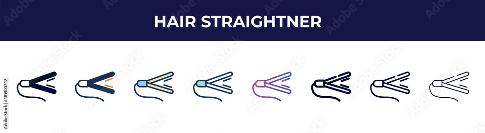 hair straightner icon in 8 styles. line, filled, glyph, thin outline, colorful, stroke and gradient styles, hair straightner vector sign. symbol, logo illustration. different style icons set.