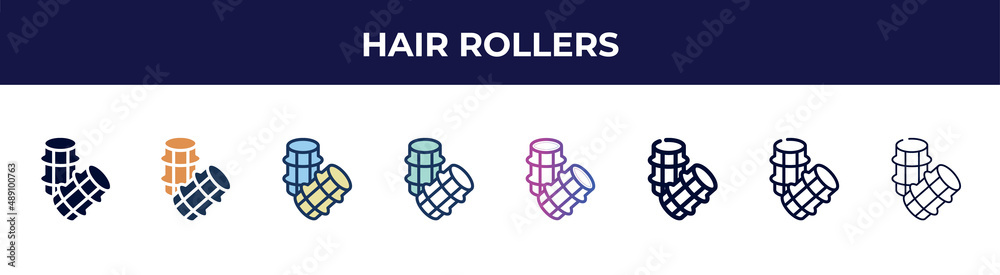 hair rollers icon in 8 styles. line, filled, glyph, thin outline, colorful, stroke and gradient styles, hair rollers vector sign. symbol, logo illustration. different style icons set.