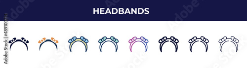 headbands icon in 8 styles. line, filled, glyph, thin outline, colorful, stroke and gradient styles, headbands vector sign. symbol, logo illustration. different style icons set.