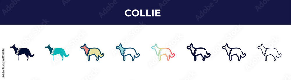 collie icon in 8 styles. line, filled, glyph, thin outline, colorful, stroke and gradient styles, collie vector sign. symbol, logo illustration. different style icons set.