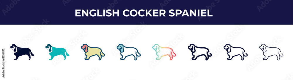 english cocker spaniel icon in 8 styles. line, filled, glyph, thin outline, colorful, stroke and gradient styles, english cocker spaniel vector sign. symbol, logo illustration. different style icons