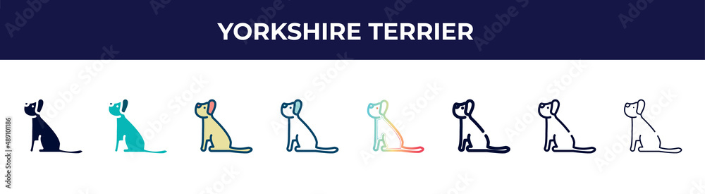 yorkshire terrier icon in 8 styles. line, filled, glyph, thin outline, colorful, stroke and gradient styles, yorkshire terrier vector sign. symbol, logo illustration. different style icons set.