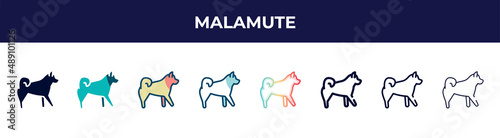 malamute icon in 8 styles. line, filled, glyph, thin outline, colorful, stroke and gradient styles, malamute vector sign. symbol, logo illustration. different style icons set.