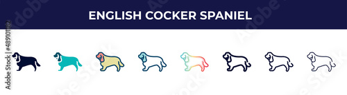 english cocker spaniel icon in 8 styles. line, filled, glyph, thin outline, colorful, stroke and gradient styles, english cocker spaniel vector sign. symbol, logo illustration. different style icons