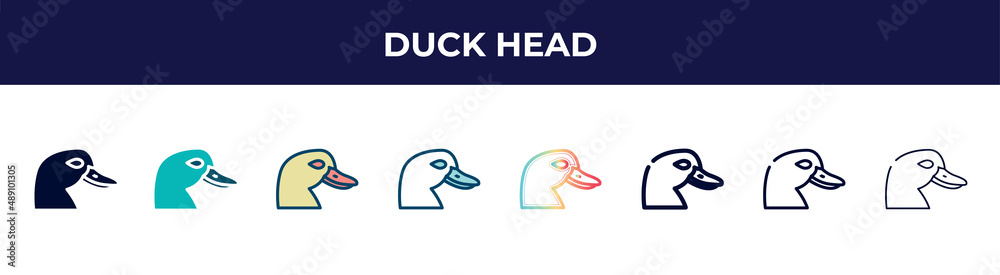 duck head icon in 8 styles. line, filled, glyph, thin outline, colorful, stroke and gradient styles, duck head vector sign. symbol, logo illustration. different style icons set.