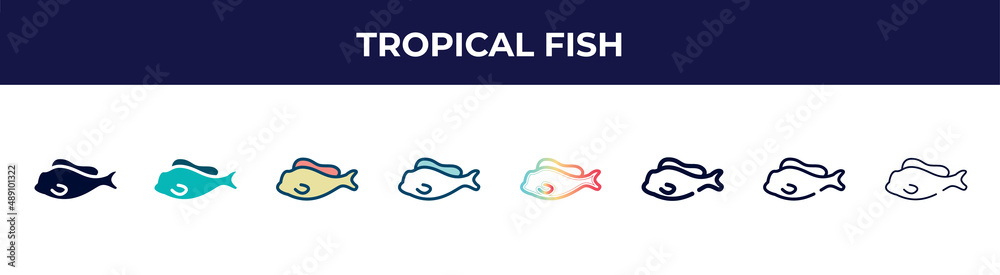 tropical fish icon in 8 styles. line, filled, glyph, thin outline, colorful, stroke and gradient styles, tropical fish vector sign. symbol, logo illustration. different style icons set. tropical fish icon in 8 styles. line, filled, glyph, thin outline, colorful, stroke and gradient styles, tropical fish vector sign. symbol, logo illustration. different style icons set.