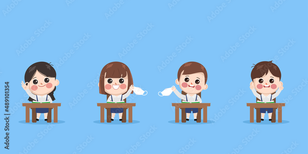 Cute cartoon student removing a face mask in the classroom. Cute cartoon student removing a face mask in the classroom.