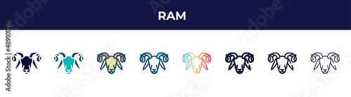 ram icon in 8 styles. line, filled, glyph, thin outline, colorful, stroke and gradient styles, ram vector sign. symbol, logo illustration. different style icons set.