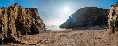 Panoramic on the beach in the Almanzora caves, Cala Peñon cut off a virgin and hidden beach in Almería. Mediterranean sea on the coast, Almería