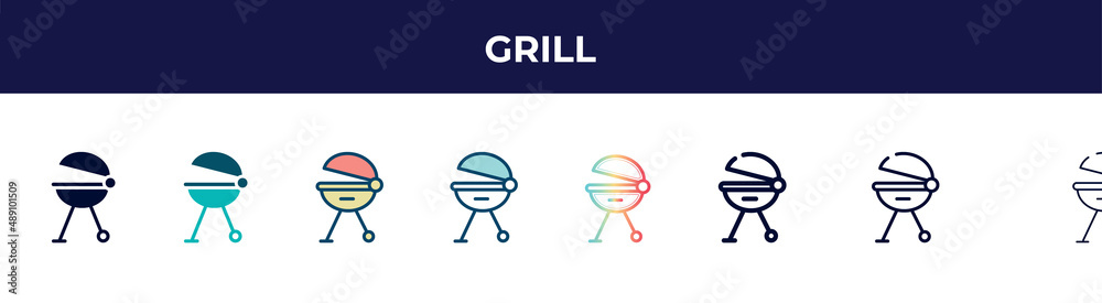 grill icon in 8 styles. line, filled, glyph, thin outline, colorful, stroke and gradient styles, grill vector sign. symbol, logo illustration. different style icons set. grill icon in 8 styles. line, filled, glyph, thin outline, colorful, stroke and gradient styles, grill vector sign. symbol, logo illustration. different style icons set.