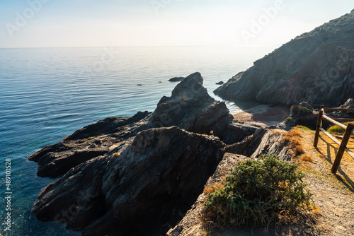 View from above of the beach at the Cuevas del Almanzora, Cala Peñon cut off a virgin and hidden beach in Almería. Mediterranean sea on the coast, Almería