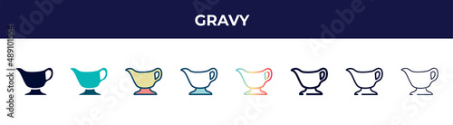 gravy icon in 8 styles. line, filled, glyph, thin outline, colorful, stroke and gradient styles, gravy vector sign. symbol, logo illustration. different style icons set.