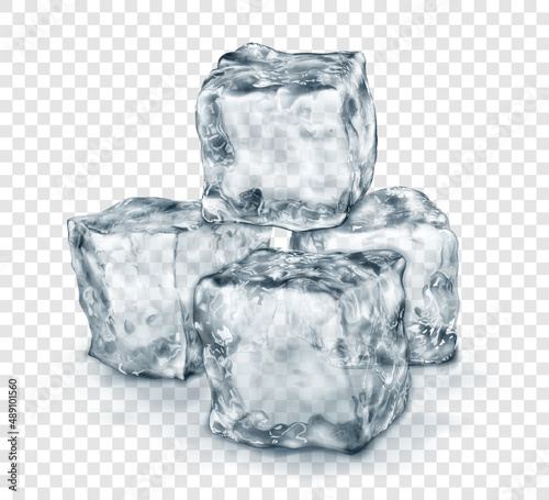 Group of realistic translucent ice cubes in gray color, with shadow, isolated on transparent background. Transparency only in vector format