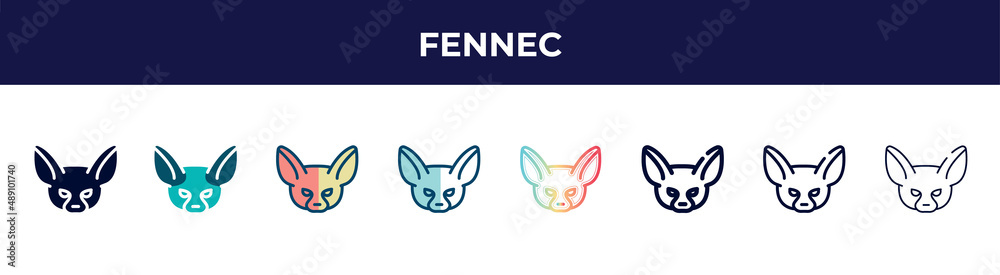 fennec icon in 8 styles. line, filled, glyph, thin outline, colorful, stroke and gradient styles, fennec vector sign. symbol, logo illustration. different style icons set. fennec icon in 8 styles. line, filled, glyph, thin outline, colorful, stroke and gradient styles, fennec vector sign. symbol, logo illustration. different style icons set.