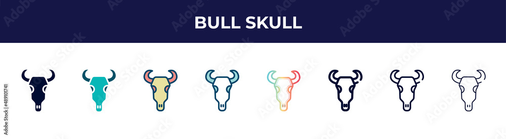 bull skull icon in 8 styles. line, filled, glyph, thin outline, colorful, stroke and gradient styles, bull skull vector sign. symbol, logo illustration. different style icons set. bull skull icon in 8 styles. line, filled, glyph, thin outline, colorful, stroke and gradient styles, bull skull vector sign. symbol, logo illustration. different style icons set.