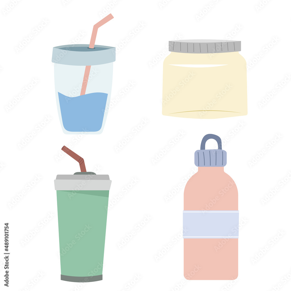 Glass and tumbler with straw, bottle for sport or travel. Take your drinks with you. Reusable items for drinking water. Zero waste concept, vector in trendy design style. All elements isolated. Glass and tumbler with straw, bottle for sport or travel. Take your drinks with you. Reusable items for drinking water. Zero waste concept, vector in trendy design style. All elements isolated.