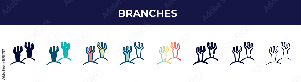 branches icon in 8 styles. line, filled, glyph, thin outline, colorful, stroke and gradient styles, branches vector sign. symbol, logo illustration. different style icons set. branches icon in 8 styles. line, filled, glyph, thin outline, colorful, stroke and gradient styles, branches vector sign. symbol, logo illustration. different style icons set.
