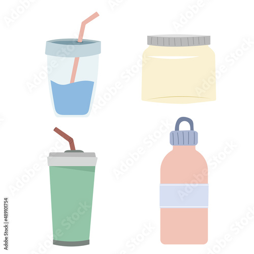 Glass and tumbler with straw, bottle for sport or travel. Take your drinks with you. Reusable items for drinking water. Zero waste concept, vector in trendy design style. All elements isolated.