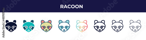 racoon icon in 8 styles. line, filled, glyph, thin outline, colorful, stroke and gradient styles, racoon vector sign. symbol, logo illustration. different style icons set.