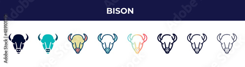 bison icon in 8 styles. line, filled, glyph, thin outline, colorful, stroke and gradient styles, bison vector sign. symbol, logo illustration. different style icons set.