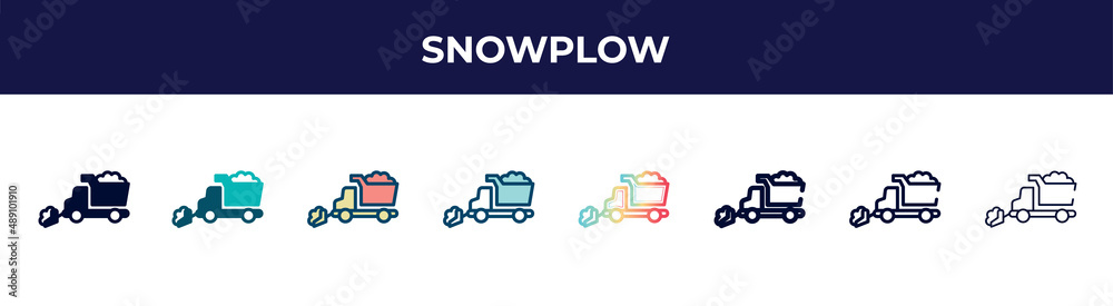 snowplow icon in 8 styles. line, filled, glyph, thin outline, colorful, stroke and gradient styles, snowplow vector sign. symbol, logo illustration. different style icons set.