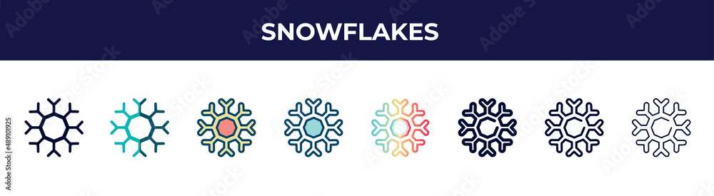 snowflakes icon in 8 styles. line, filled, glyph, thin outline, colorful, stroke and gradient styles, snowflakes vector sign. symbol, logo illustration. different style icons set. snowflakes icon in 8 styles. line, filled, glyph, thin outline, colorful, stroke and gradient styles, snowflakes vector sign. symbol, logo illustration. different style icons set.