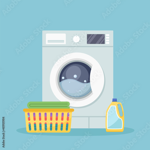 Laundry room with washing machine, detergent and plastic basket with clean linen. Vector illustration