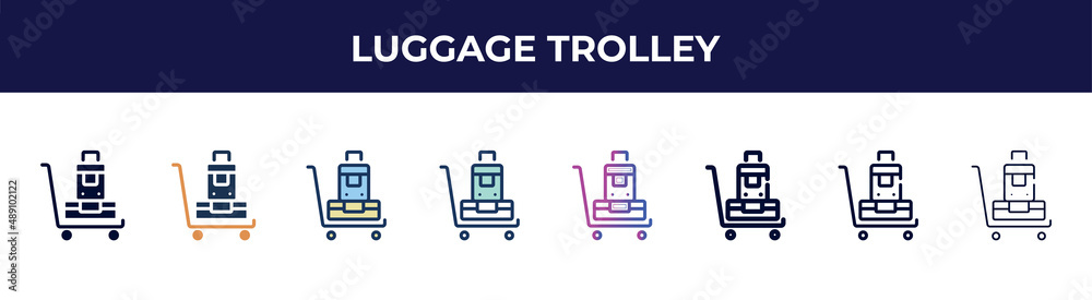 luggage trolley icon in 8 styles. line, filled, glyph, thin outline, colorful, stroke and gradient styles, luggage trolley vector sign. symbol, logo illustration. different style icons set. luggage trolley icon in 8 styles. line, filled, glyph, thin outline, colorful, stroke and gradient styles, luggage trolley vector sign. symbol, logo illustration. different style icons set.