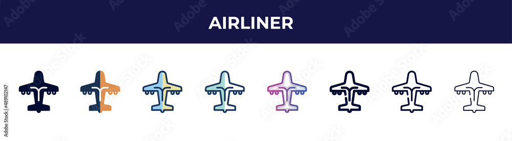 airliner icon in 8 styles. line, filled, glyph, thin outline, colorful, stroke and gradient styles, airliner vector sign. symbol, logo illustration. different style icons set. airliner icon in 8 styles. line, filled, glyph, thin outline, colorful, stroke and gradient styles, airliner vector sign. symbol, logo illustration. different style icons set.