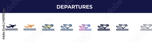 departures icon in 8 styles. line, filled, glyph, thin outline, colorful, stroke and gradient styles, departures vector sign. symbol, logo illustration. different style icons set.