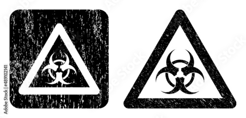 Vector biohazard warning stencil icon. Grunge biohazard warning seal stamp, done with icon and rounded square. Rounded square seal include biohazard warning subtracted shape inside.