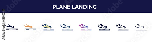 plane landing icon in 8 styles. line, filled, glyph, thin outline, colorful, stroke and gradient styles, plane landing vector sign. symbol, logo illustration. different style icons set.