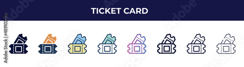 ticket card icon in 8 styles. line, filled, glyph, thin outline, colorful, stroke and gradient styles, ticket card vector sign. symbol, logo illustration. different style icons set.