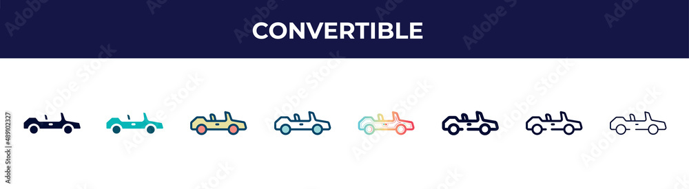 convertible icon in 8 styles. line, filled, glyph, thin outline, colorful, stroke and gradient styles, convertible vector sign. symbol, logo illustration. different style icons set.